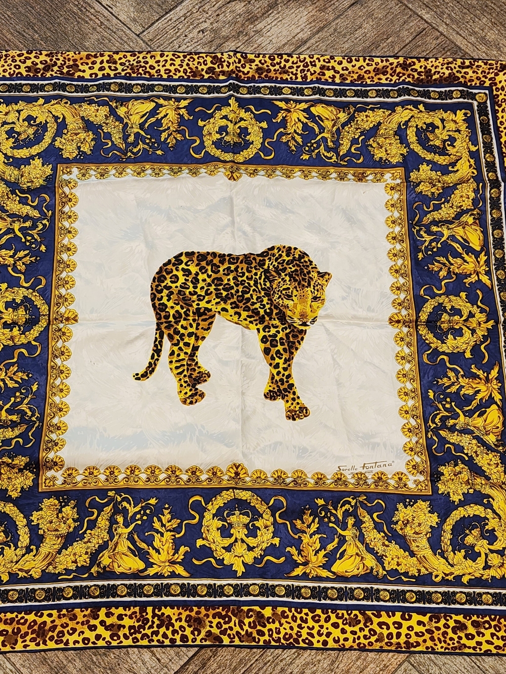 Silk Leopard Print Square Scarf in Gold & Navy - Branded